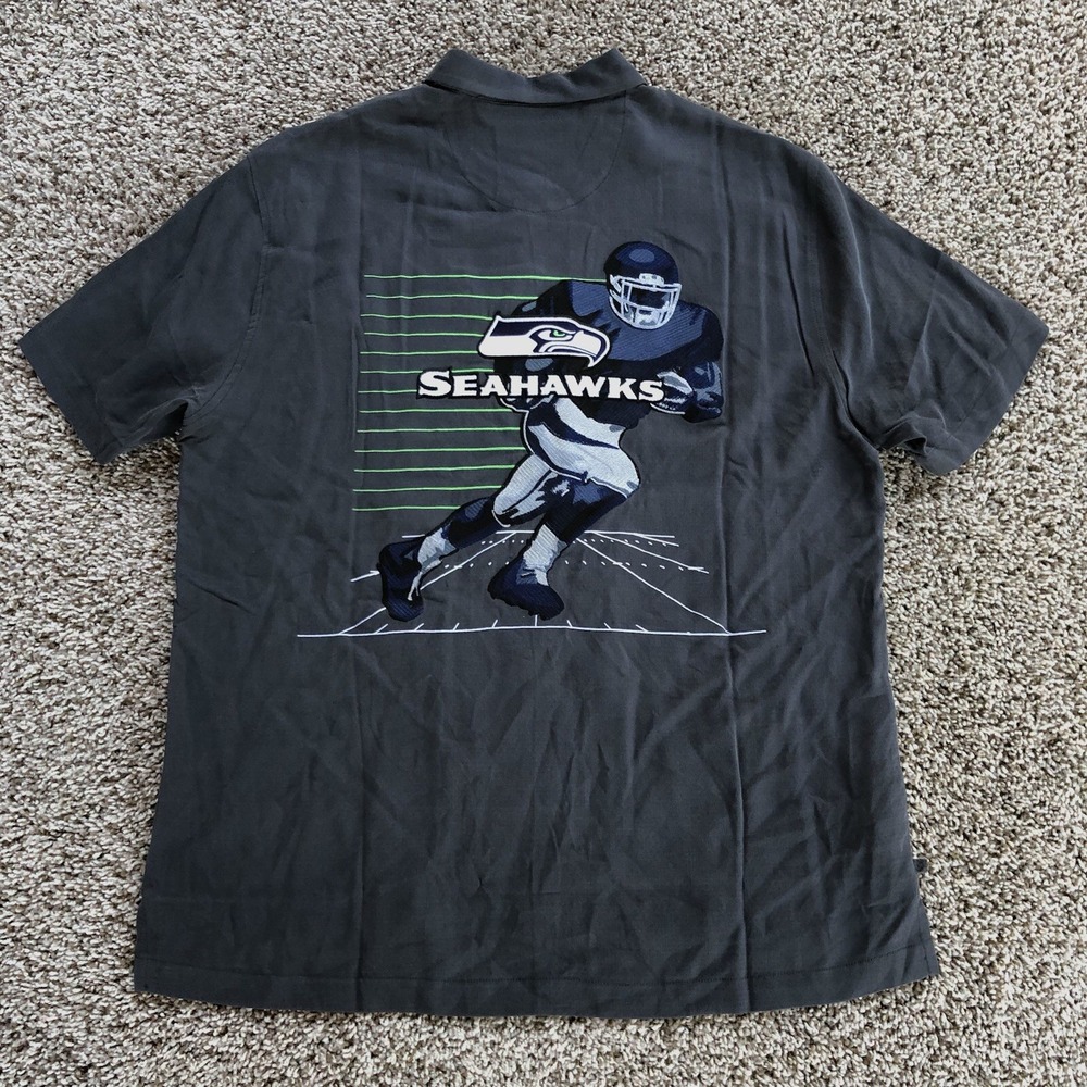 Tommy Bahama Football NFL Seattle Seahawks Camp Shirt Mens Large 100% Silk EUC